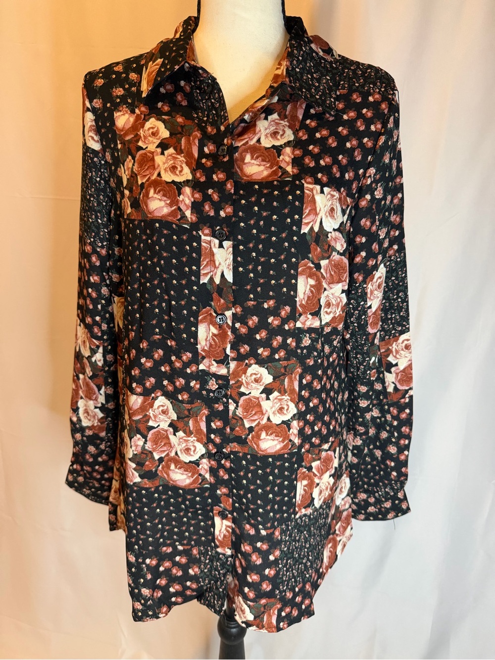 Floral Patchwork Button-Down Shirt - Black & Brown Rose